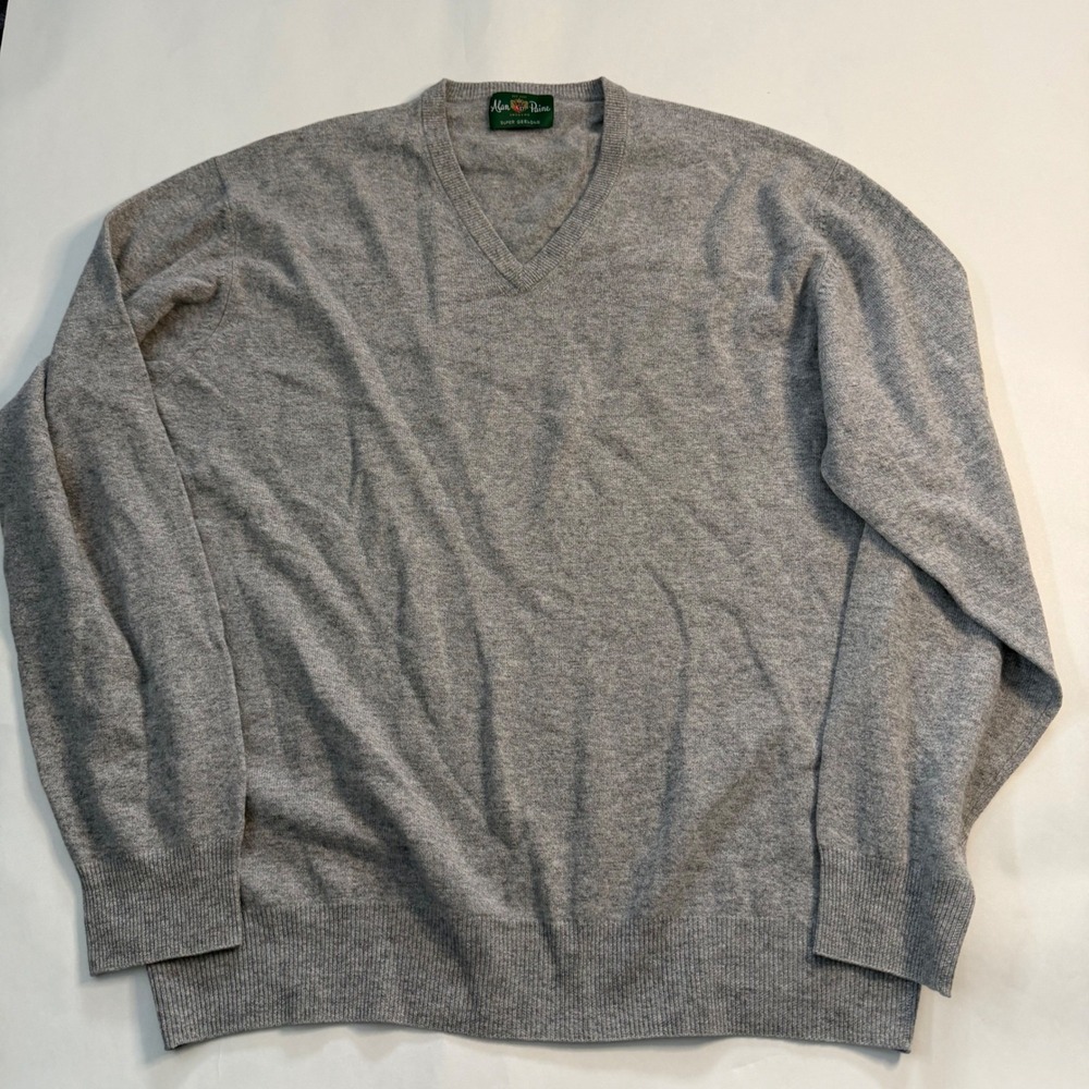 Alan Paine Men Grey V Neck Super Geelong Lambswool Sweater XXL 48 Old Money Core